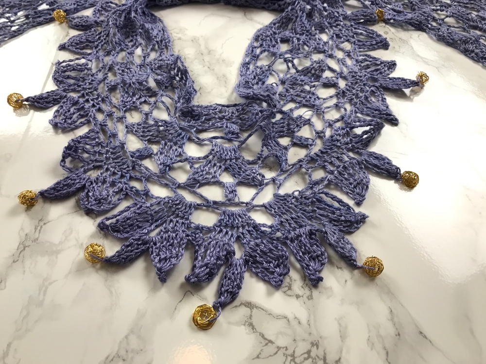 Crochet Beaded Scarf Crocheted Indigo blue scarf with handmade multi color oya flowers Turkish lace Beaded Scarf Turkish crochet