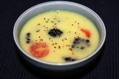 Chilled Lemon Chicken Soup with Blackberries & Cherry Tomatoes