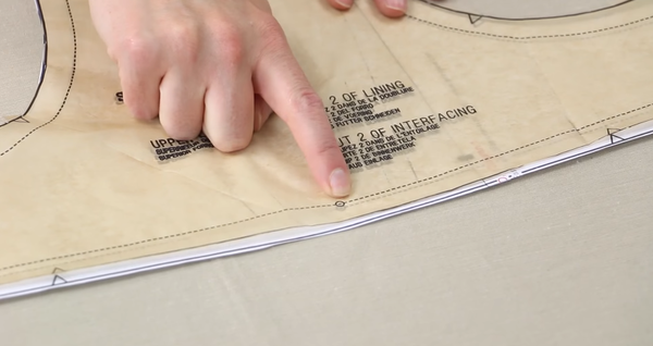 Image shows a person pointing to the tissue pattern from a sewing pattern.