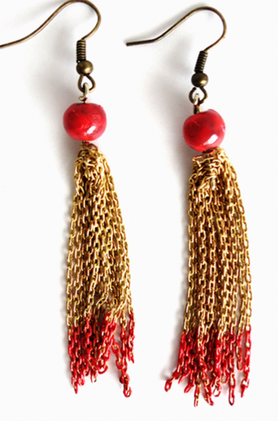Red and Gold Chained Tassel Earrings
