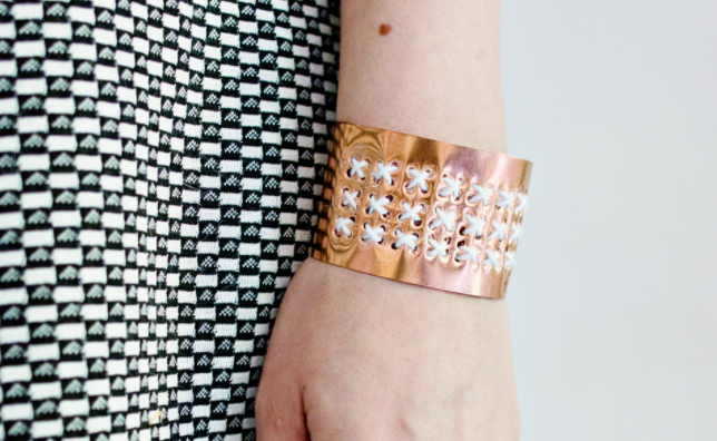 Gold Copper Bracelet with White Embroidery