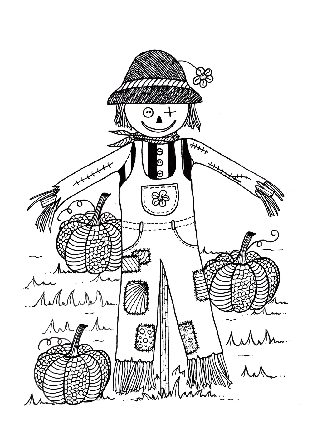 Scarecrow in Pumpkin Field Adult Coloring Page