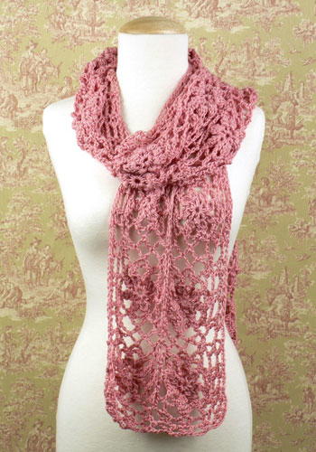 Handmade Crochet Scarf with Flower Rose Color with Fade Yarn Deep Rose to Light Rose Crochet Scarf
