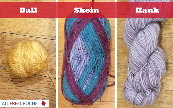 Image shows three panels of different types of yarn: crochet ball, skein, and hank of yarn.