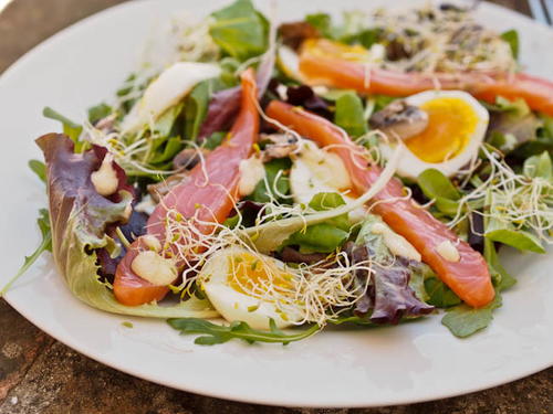 Soft Boiled Eggs with Salmon and Spring Mix