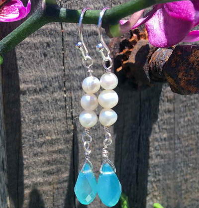 Pearl and Crystal Teardrop Wire Earrings