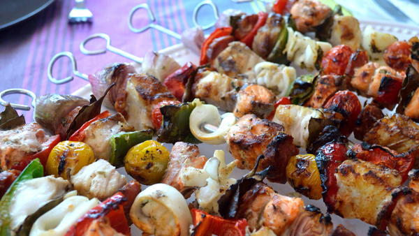 Fish Kebabs with Lemony Olive Oil Sauce