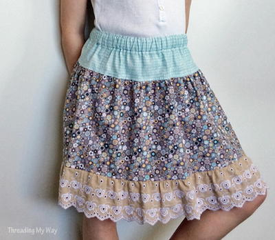 Gathered, Elastic Waist, Tiered Skirt With Lace Ruffle
