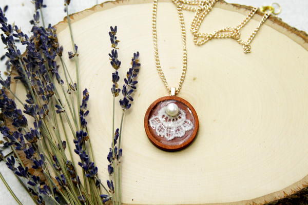 Wood and Lace Pendant Necklace