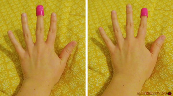 Two images are shown. On the left, a hand with the thimble on the middle finger. On the right, a hand with the thimble on the pointer finger.