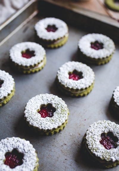 Cranberry & White Chocolate Matcha Shortbread Sandwich Cookies