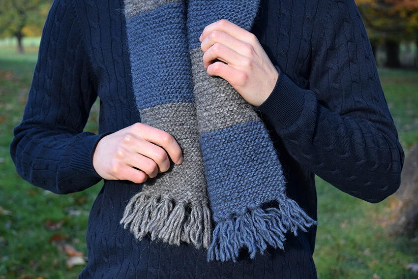 Man striped scarf reversible scarf Handmade knitted scarf with stripes wool scarf grey black merino festotu men knit scarf with stripes