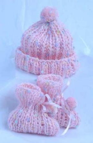 Simply Adorable Baby Booties and Matching Hat with PomPom