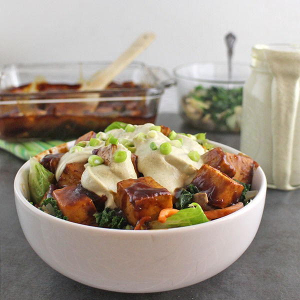Warm Romaine Salad with BBQ Tofu & Tahini Ranch