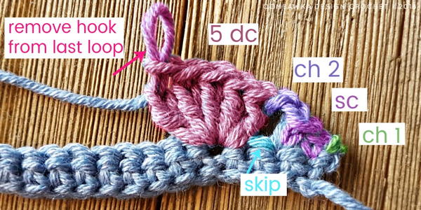 Image shows the second row for crocheting the popcorn stitch with overlay text explaining the step.