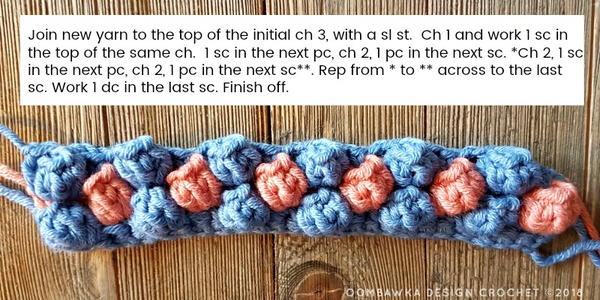 Image shows the fourth row for crocheting the popcorn stitch with overlay text explaining the step.