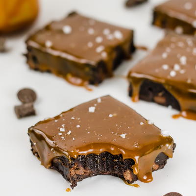 Triple Chocolate Flourless Brownies with Salted Caramel