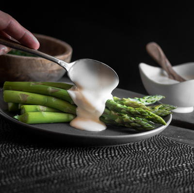 Blanched Asparagus with Healthy Hollandaise Sauce