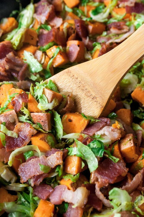 Brussels Sprout Hash with Sweet Potato and Bacon {Whole30!}