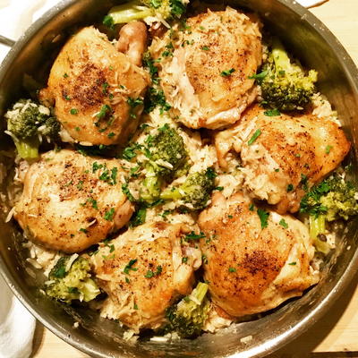 Chicken Thighs with Creamy Mushroom and Broccoli Rice