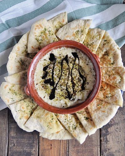 Baked Provolone with Herbs and Homemade Garlic Flatbread