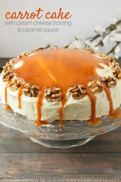 Carrot Cake with Cream Cheese Frosting & Caramel Sauce