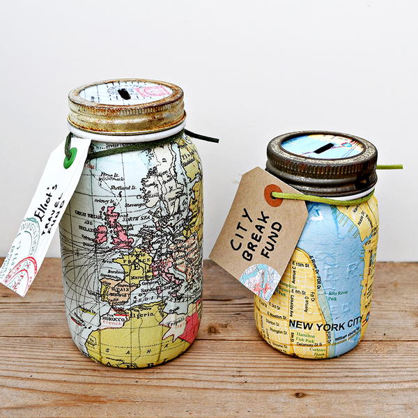 Repurposed Map Mason Jar Banks