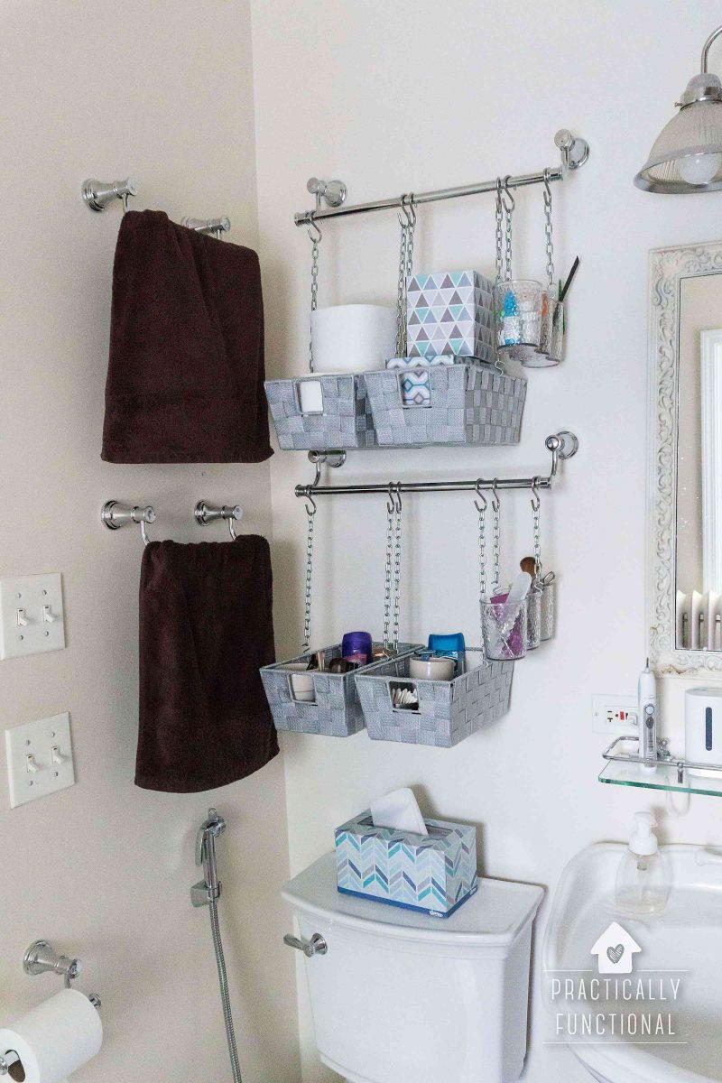 Add hanging baskets for more bathroom storage  Small bathroom storage, Diy bathroom  storage, Small bedroom storage