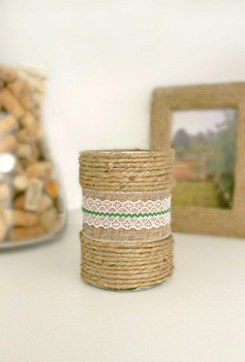 Decorated Candles with Burlap Ribbon & Twine