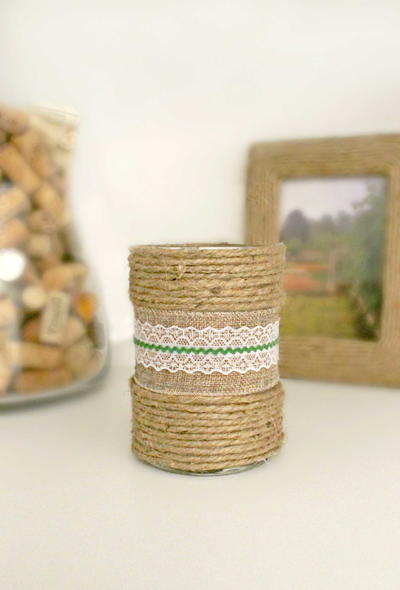 Decorated Candles with Burlap Ribbon and Twine