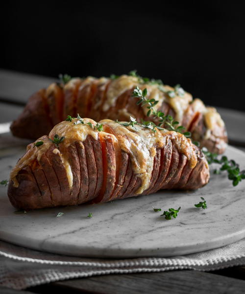 Hasselback Sweet Potatoes with Garlic and Chilli Oil