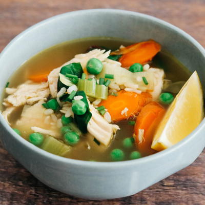 Healthy Chicken Soup with Peas and Brown Rice