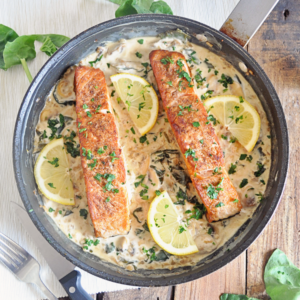 Seared Salmon with Creamy Spinach & Mushroom Sauce