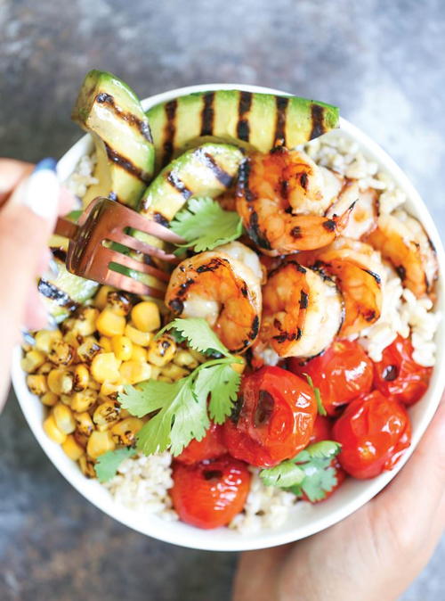 Summer Grilled Honey Shrimp Bowls