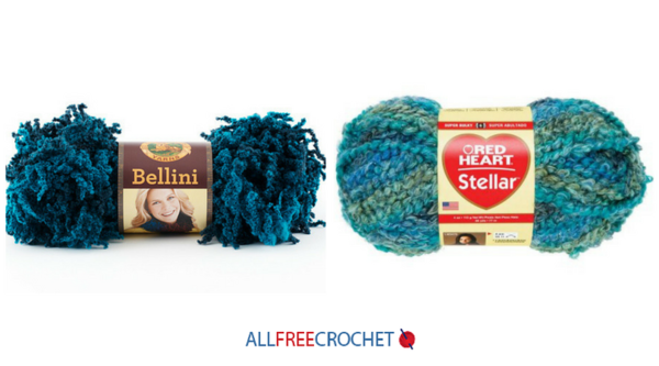 Image shows two skeins of yarn: Lion Brand Bellini and Red Heart Stellar yarn.