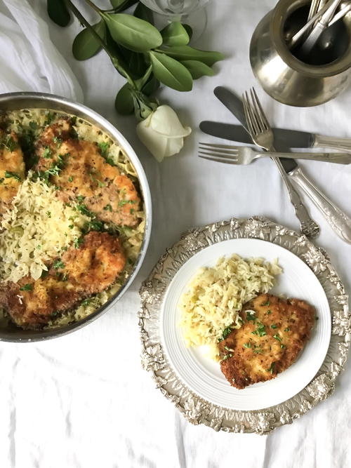 Chicken Cutlets with Cream of Celery Rice