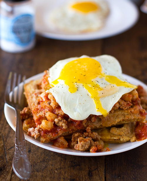 Chili and Cornbread Waffle Stacks