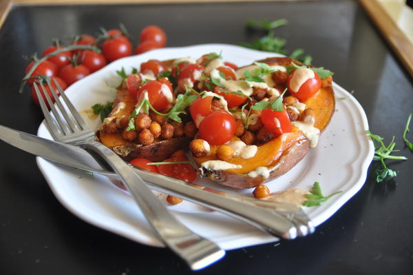 Stuffed Sweet Potatoes with Roasted Garbanzos and Garlic Sauce