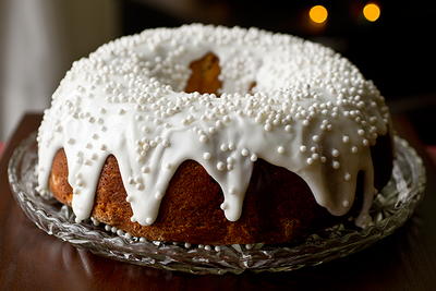 Cherry-Almond Winter Cake with Sour Cream Icing