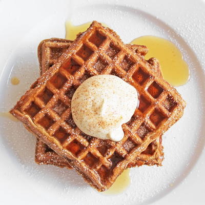 Gingerbread Waffles with Eggnog Whipped Cream