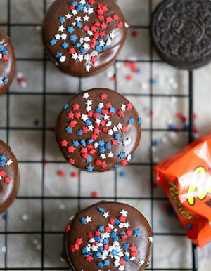 4th of July Chocolate Dipped Peanut Butter Cup Double Stuffed Oreos
