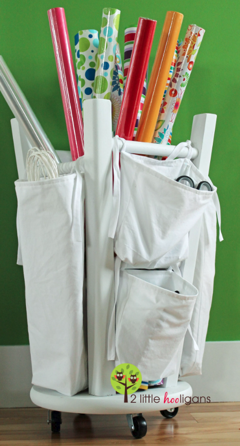 Upcycled Stool DIY Wrapping Paper Organizer