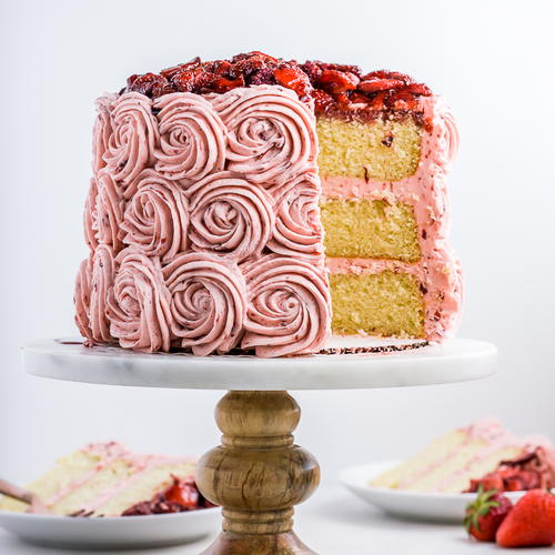 Vanilla Bean Cake with Balsamic Roasted Strawberry Buttercream