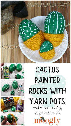 Cactus Painted Rocks with Yarn Pots