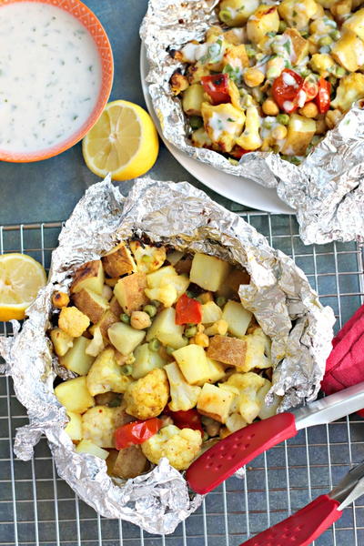 Cauliflower Curry Grill Packets with Yogurt Sauce