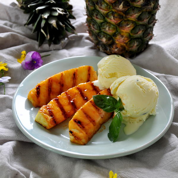 Grilled Pineapple with Honey Sriracha Sauce and Basil Ice Cream