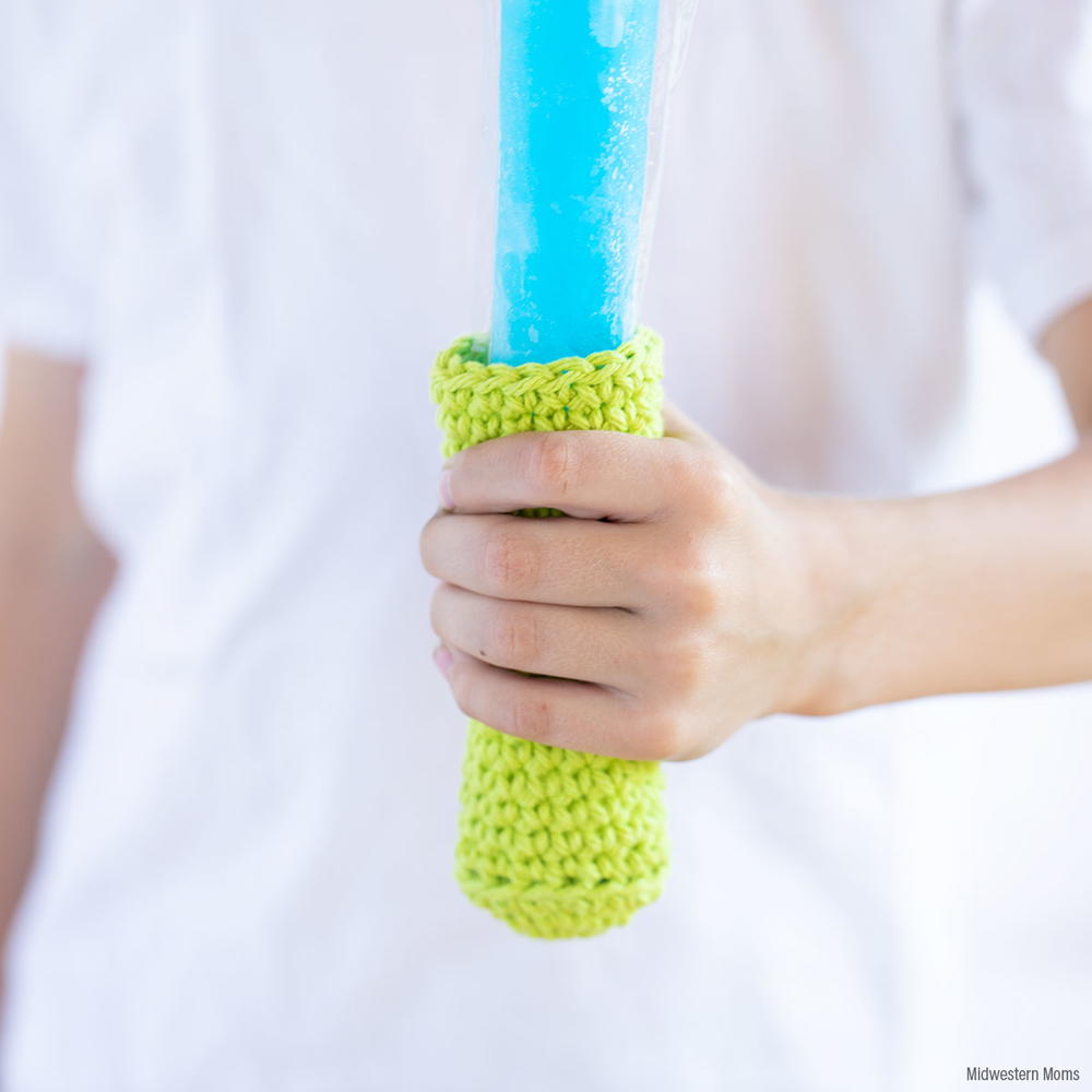 I suggest using 100% cotton yarn to create these fun freeze pop holders. 