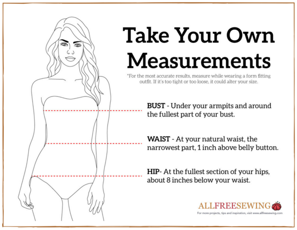 Image shows chart with woman and lines showing where to take measurements.