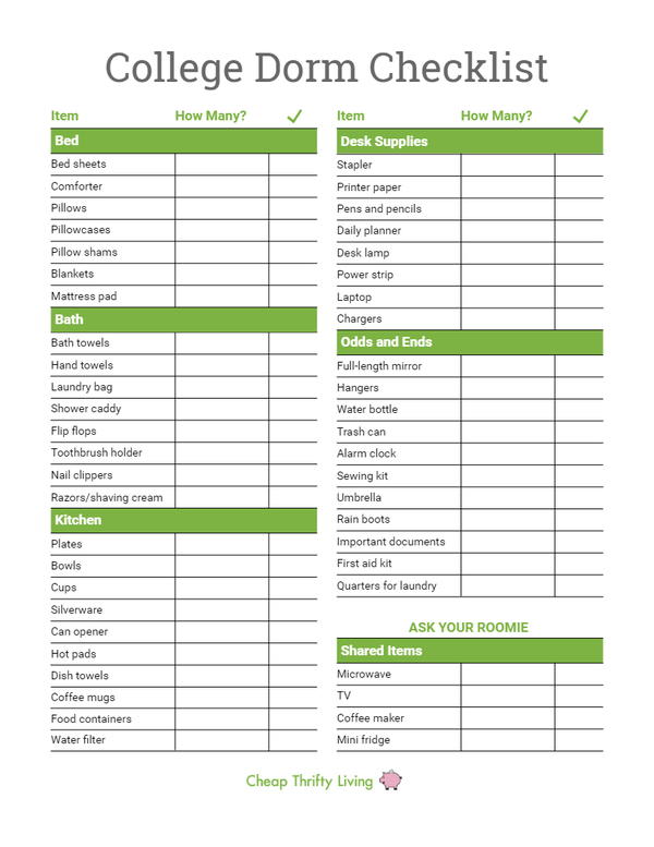 College Dorm Checklist for Freshmen (Printable)