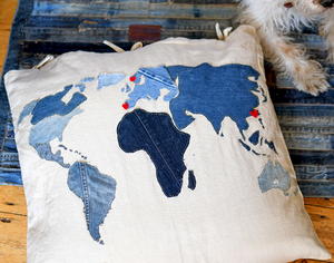 Repurposed Denim World Map Floor Cushion